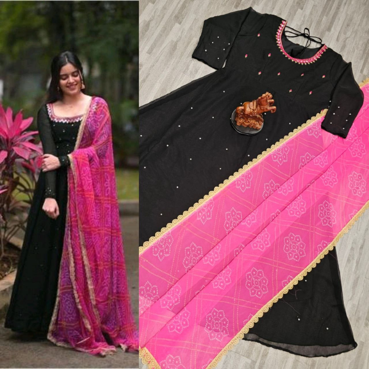 Festive Bottle Green Anarkali Suit Set with Contrast Pink Bandhani Dupatta