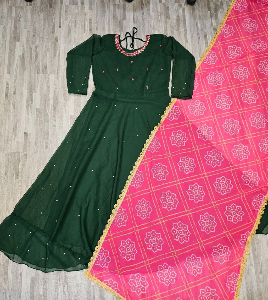 Festive Bottle Green Anarkali Suit Set with Contrast Pink Bandhani Dupatta