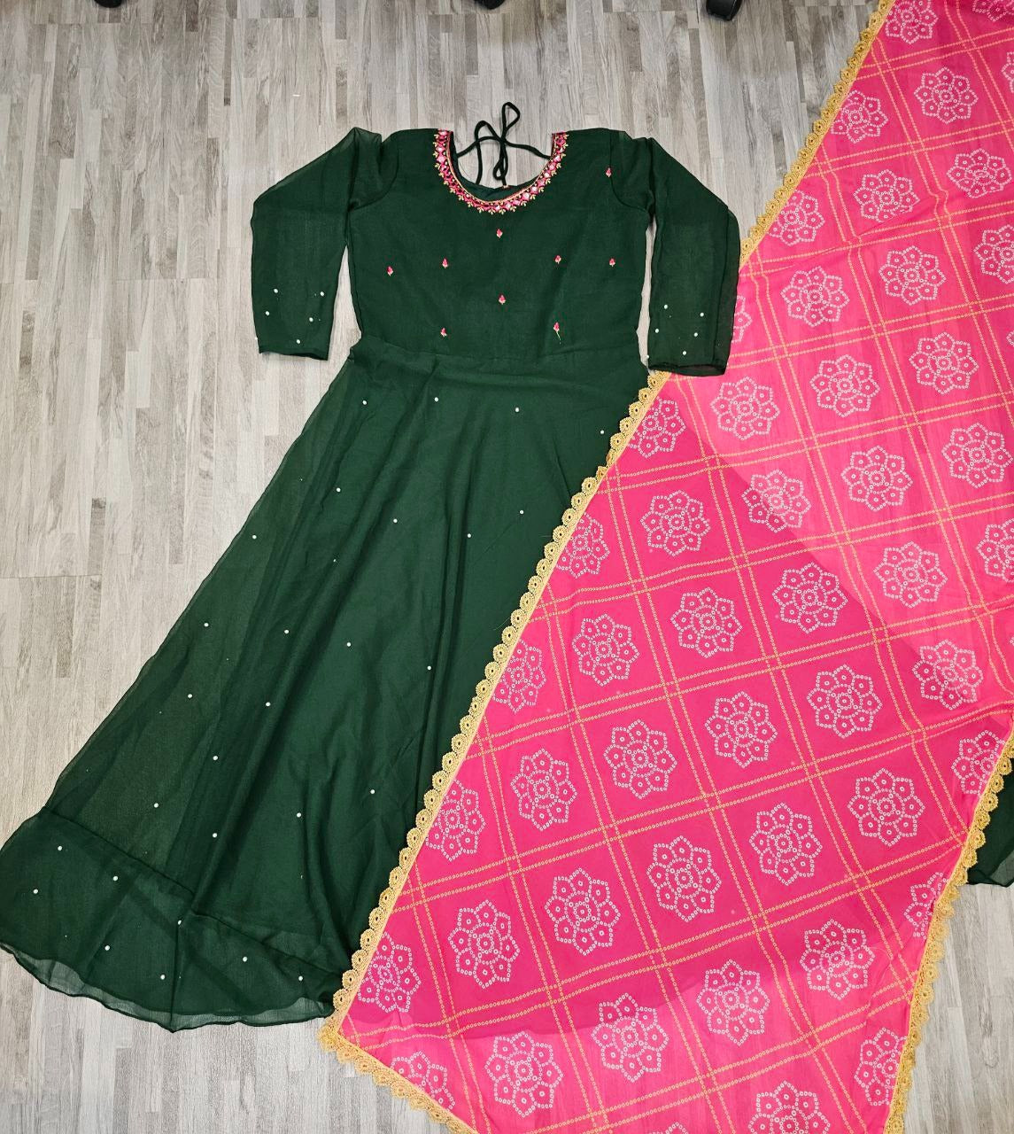 Festive Bottle Green Anarkali Suit Set with Contrast Pink Bandhani Dupatta