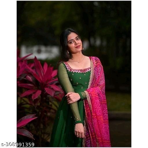 Festive Bottle Green Anarkali Suit Set with Contrast Pink Bandhani Dupatta