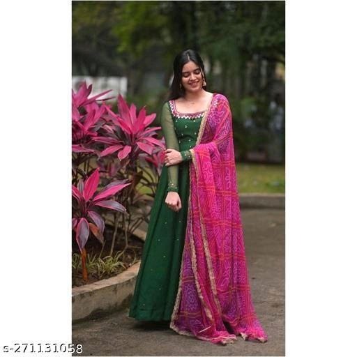 Festive Bottle Green Anarkali Suit Set with Contrast Pink Bandhani Dupatta