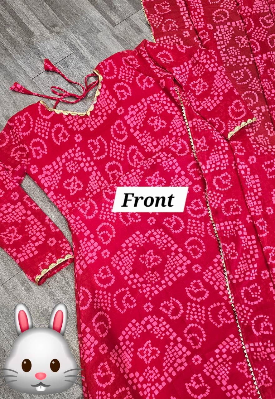 Vibrant Red Bandhani Print Anarkali Suit Set with Georgette Dupatta