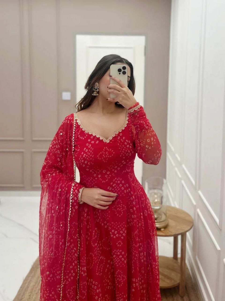 Vibrant Red Bandhani Print Anarkali Suit Set with Georgette Dupatta