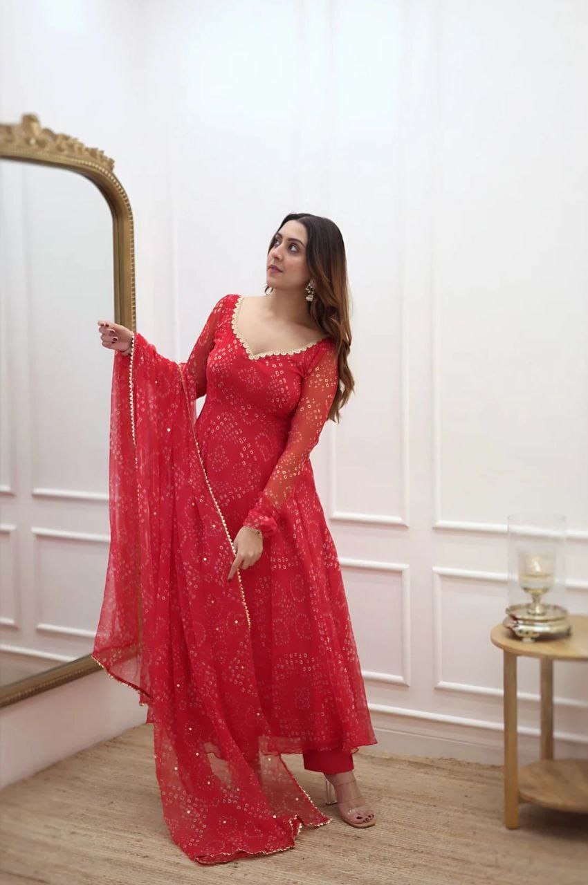 Vibrant Red Bandhani Print Anarkali Suit Set with Georgette Dupatta