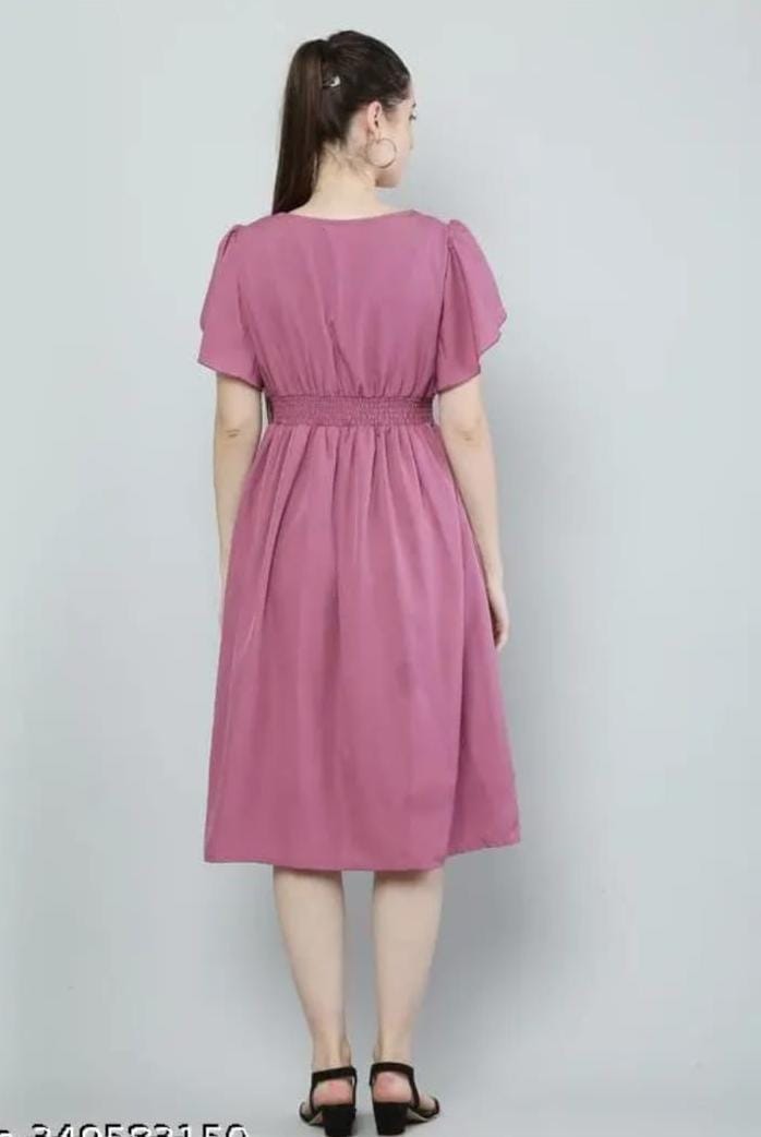 Elegant Mauve Pink Flutter Sleeve A-Line Midi Dress
