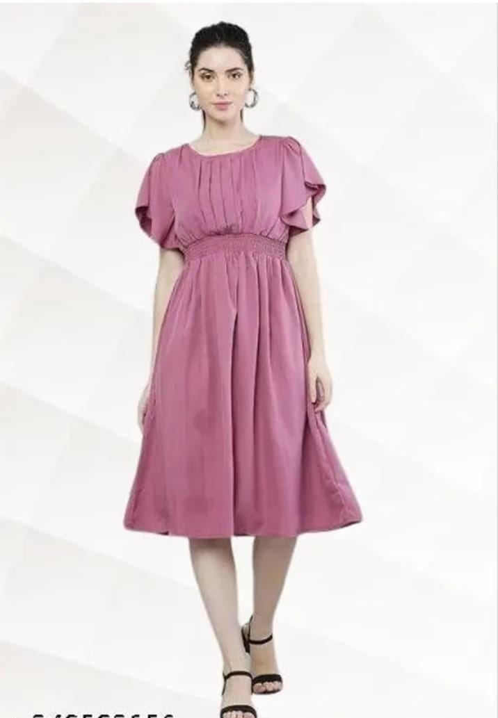 Elegant Mauve Pink Flutter Sleeve A-Line Midi Dress