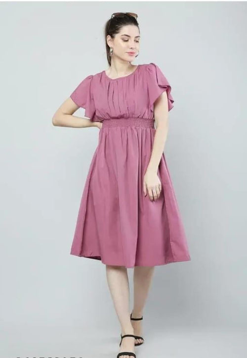 Elegant Mauve Pink Flutter Sleeve A-Line Midi Dress