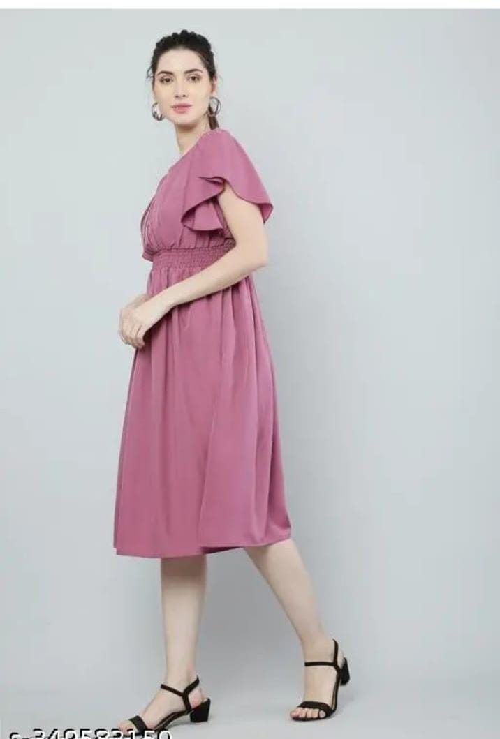 Elegant Mauve Pink Flutter Sleeve A-Line Midi Dress