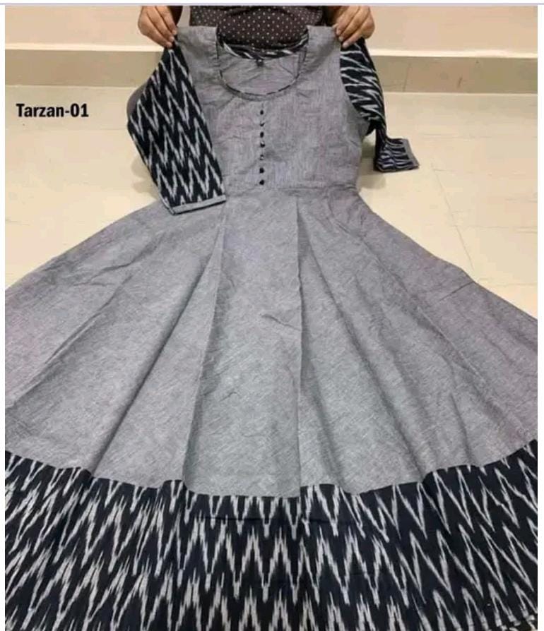 Premium Grey Ikat Print Anarkali Kurti