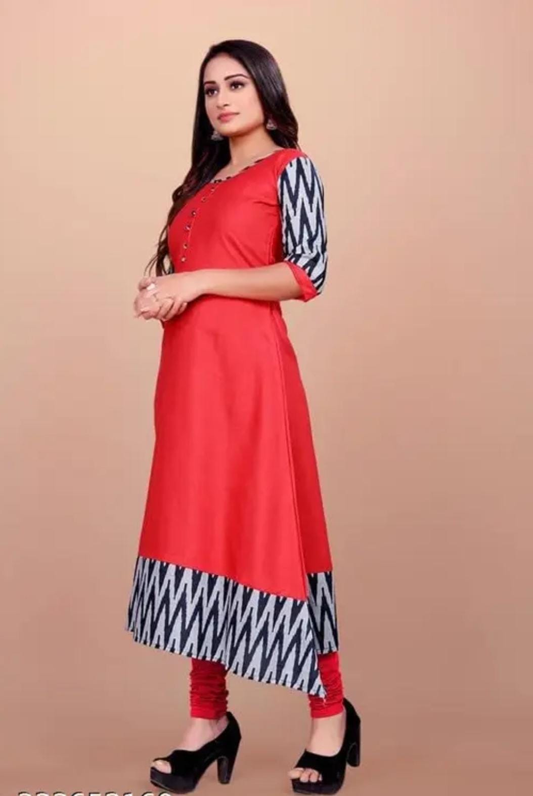 Festive Red Ikat Print Anarkali Kurti Set (Red)