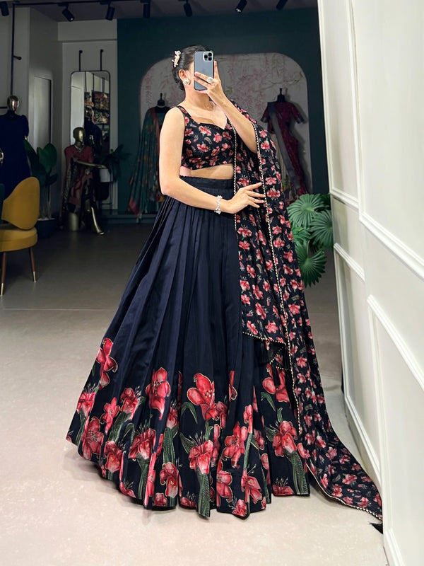 Premium Midnight Black Floral Printed Silk Lehenga Choli Set