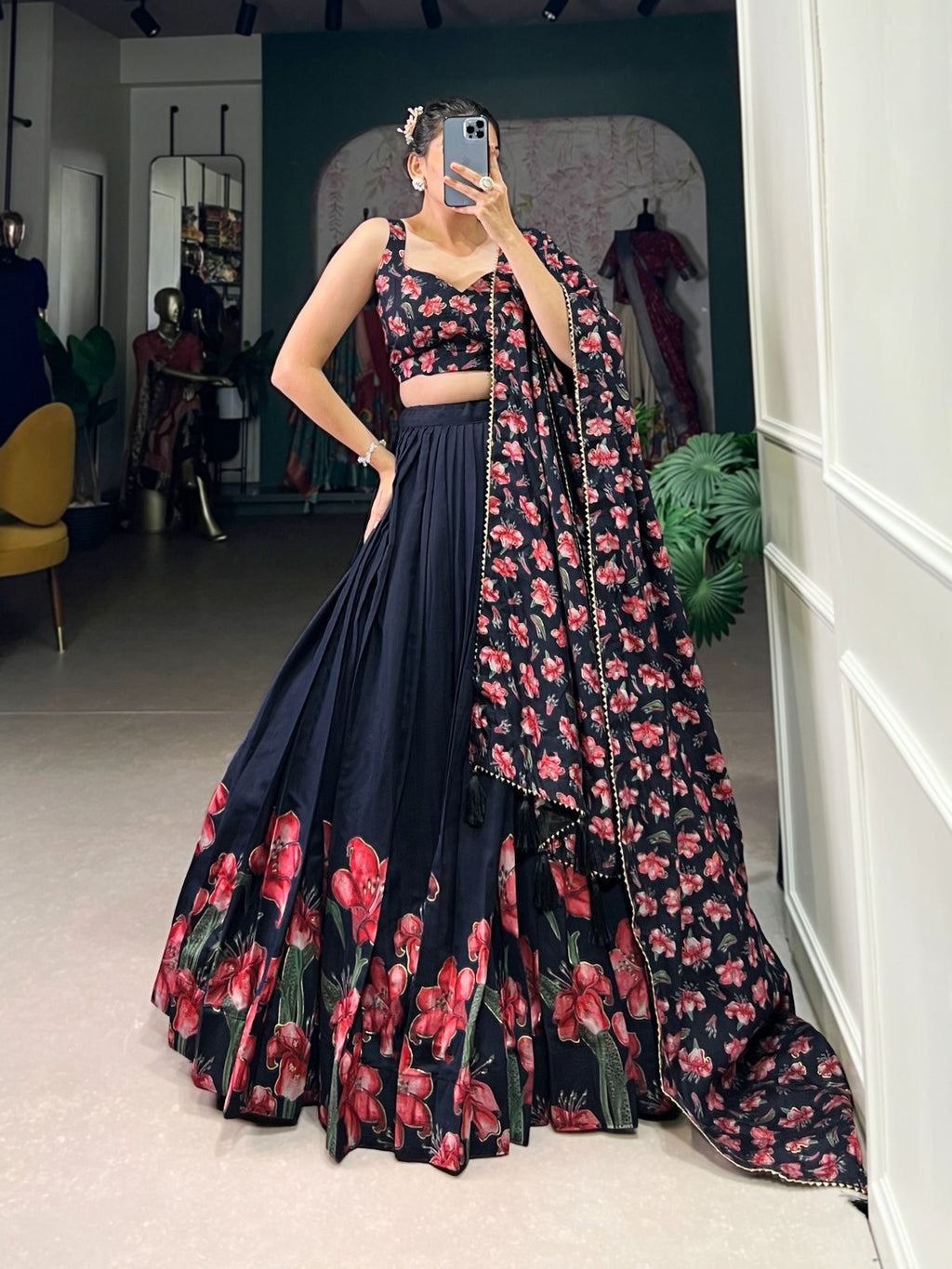 Premium Midnight Black Floral Printed Silk Lehenga Choli Set
