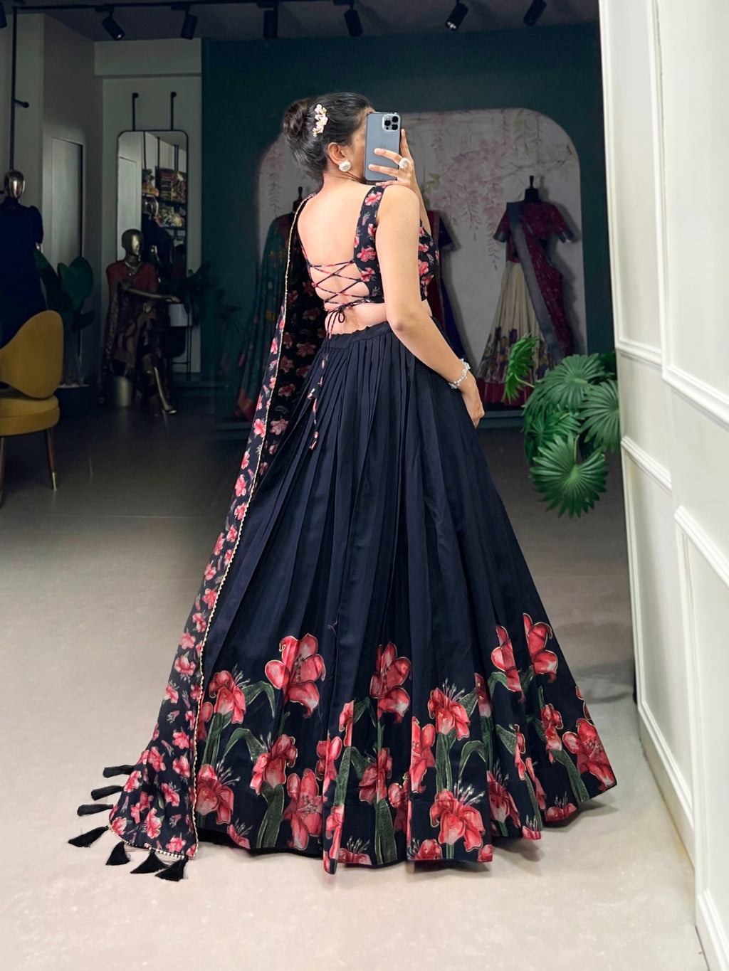 Premium Midnight Black Floral Printed Silk Lehenga Choli Set