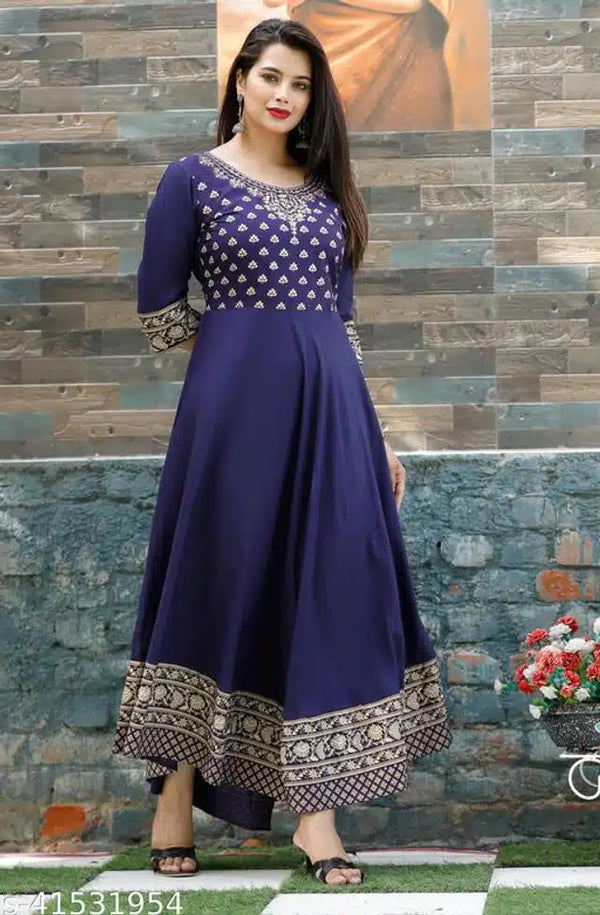 Royal Blue Flared Anarkali Gown with Golden Foil Print
